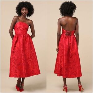 Lulu's Red Strapless Jacquard Midi Dress